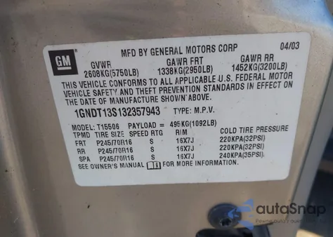 2003 Chevrolet Trailblazer Ls из США, поврежденный, VIN 1GNDT13S132357943